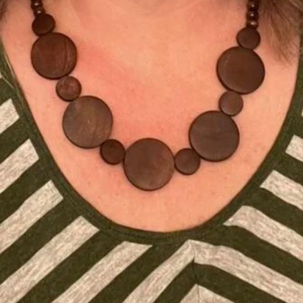 Bohemian Faux Wood Brown Round Beaded Pendant Stretch Necklace & Earrings Set
